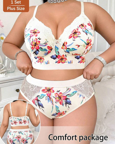 Wireless Plus Size Floral Lingerie Set, Soft & Cozy Fit