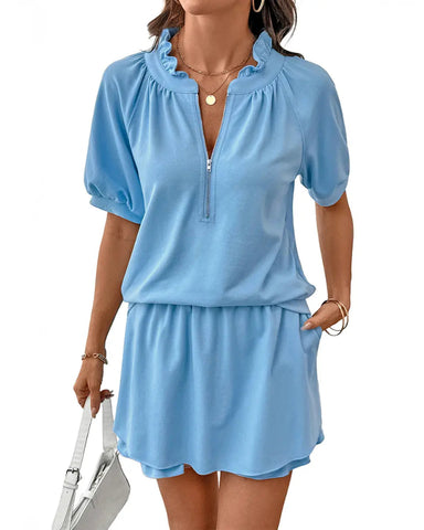 Casual Summer 2-Piece Set, Half-Zip Pullover & Ruffle Mini Skirt