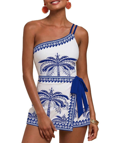 One-Shoulder Floral Tankini Swim Dress – Adjustable, Ruched Tummy Control