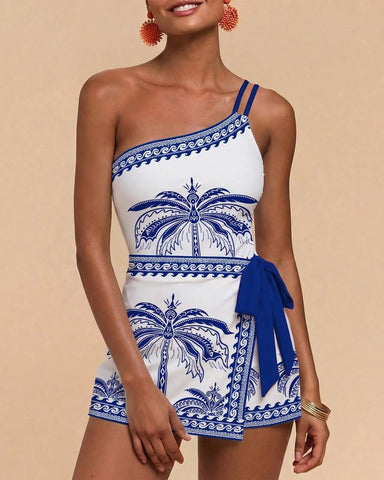 One-Shoulder Floral Tankini Swim Dress – Adjustable, Ruched Tummy Control
