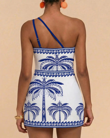 One-Shoulder Floral Tankini Swim Dress – Adjustable, Ruched Tummy Control