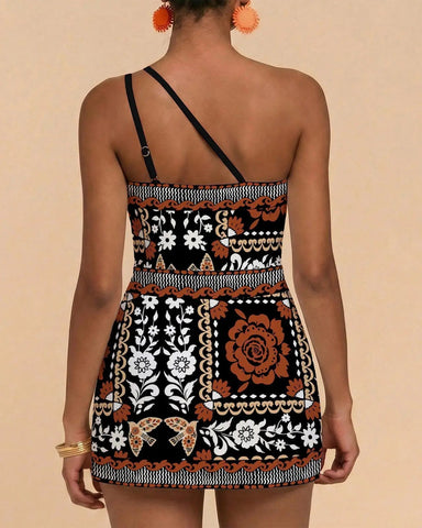 One-Shoulder Floral Tankini Swim Dress – Adjustable, Ruched Tummy Control