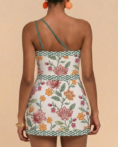 One-Shoulder Floral Tankini Swim Dress – Adjustable, Ruched Tummy Control