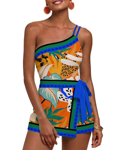 One-Shoulder Floral Tankini Swim Dress – Adjustable, Ruched Tummy Control