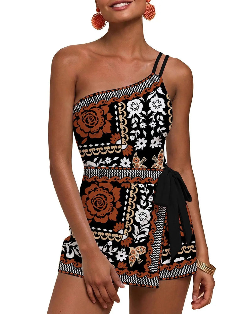One-Shoulder Floral Tankini Swim Dress – Adjustable, Ruched Tummy Control