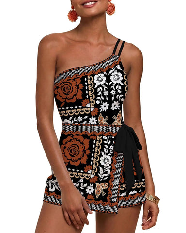 One-Shoulder Floral Tankini Swim Dress – Adjustable, Ruched Tummy Control