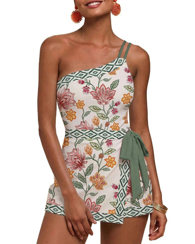 One-Shoulder Floral Tankini Swim Dress – Adjustable, Ruched Tummy Control
