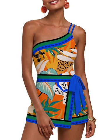 One-Shoulder Floral Tankini Swim Dress – Adjustable, Ruched Tummy Control