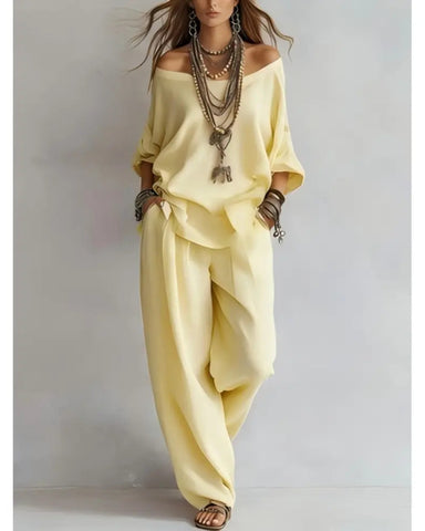 Summer Linen Set Relaxed Fit Top & Wide-Leg Pants Effortless Casual Wear