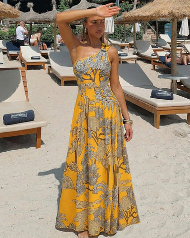 Women’s One-Shoulder Yellow Plant Print Swim Set with Cover Skirt