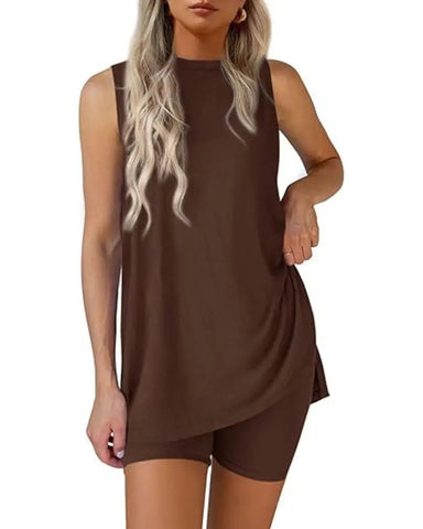 Women’s Sleeveless 2-Piece Summer Lounge Set – Split-Hem Shorts