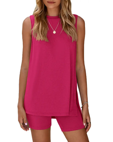Women’s Sleeveless 2-Piece Summer Lounge Set – Split-Hem Shorts