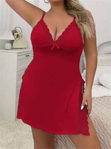 Plus Size Women’s Lace-Trim Side Split Cami Nightgown