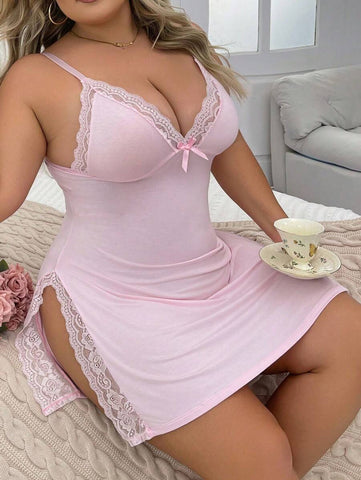 Plus Size Women’s Lace-Trim Side Split Cami Nightgown