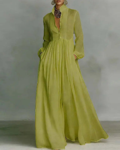 Women’s Boho Maxi Dress – Long Sleeve, Pleated High Waist, Loose Summer Fit