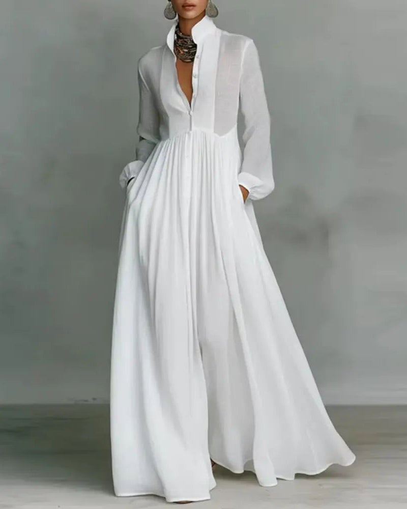 Women’s Boho Maxi Dress – Long Sleeve, Pleated High Waist, Loose Summer Fit