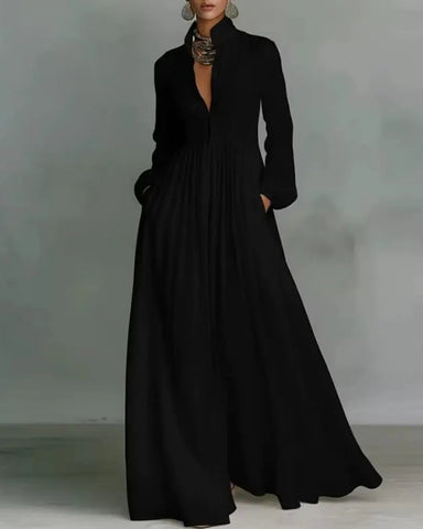 Women’s Boho Maxi Dress – Long Sleeve, Pleated High Waist, Loose Summer Fit