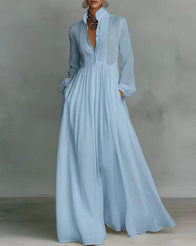 Women’s Boho Maxi Dress – Long Sleeve, Pleated High Waist, Loose Summer Fit