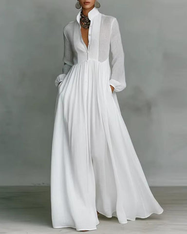 Women’s Boho Maxi Dress – Long Sleeve, Pleated High Waist, Loose Summer Fit
