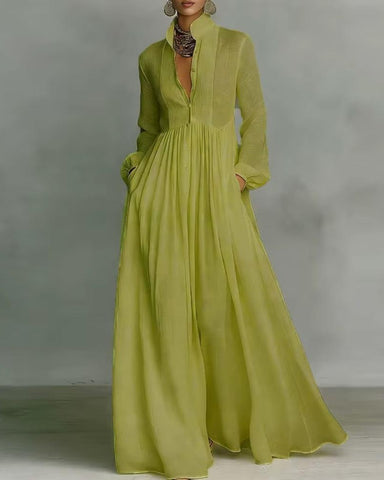 Women’s Boho Maxi Dress – Long Sleeve, Pleated High Waist, Loose Summer Fit