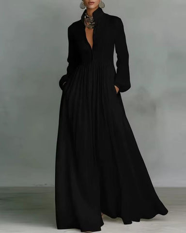 Women’s Boho Maxi Dress – Long Sleeve, Pleated High Waist, Loose Summer Fit