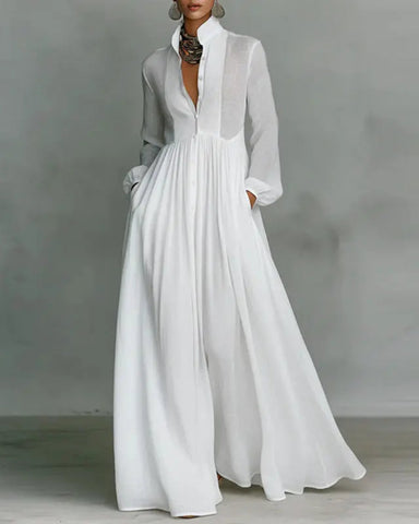 Women’s Boho Maxi Dress – Long Sleeve, Pleated High Waist, Loose Summer Fit