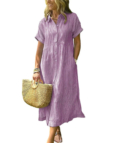 Women’s Midi Striped Shirt Dress – Boho Side Slit, Summer Sundress
