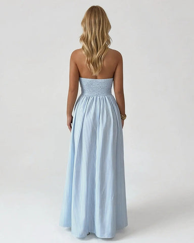 Women’s Pinstripe V-Neck Halter Maxi Dress – Summer Beachwear