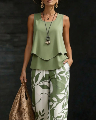 Women’s Watercolor Two-Piece Set – Sleeveless Tank & Wide-Leg Pants