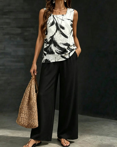Women’s Watercolor Two-Piece Set – Sleeveless Tank & Wide-Leg Pants