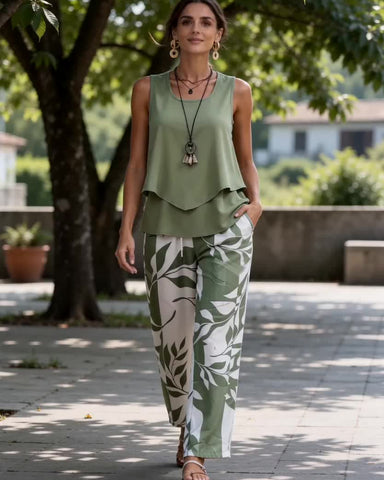 Women’s Watercolor Two-Piece Set – Sleeveless Tank & Wide-Leg Pants