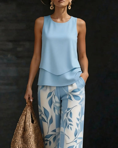 Women’s Watercolor Two-Piece Set – Sleeveless Tank & Wide-Leg Pants