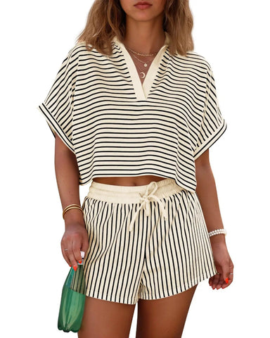 Women’s Striped 2-Piece Short Set – V-Neck Top & Shorts