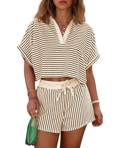 Women’s Striped 2-Piece Short Set – V-Neck Top & Shorts