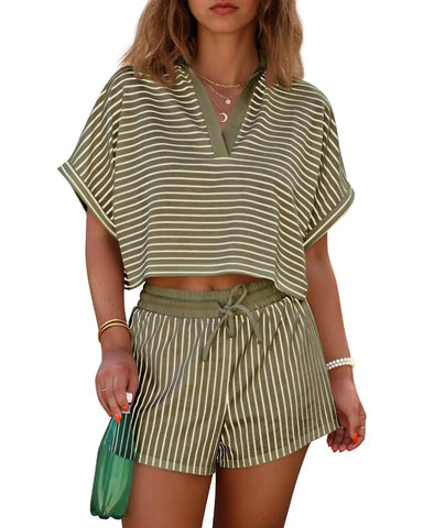 Women’s Striped 2-Piece Short Set – V-Neck Top & Shorts