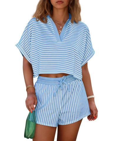 Women’s Striped 2-Piece Short Set – V-Neck Top & Shorts