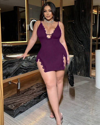 Plus Size Women’s Deep V-Neck Lace Slip Dress