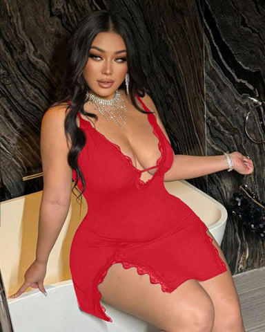 Plus Size Women’s Deep V-Neck Lace Slip Dress