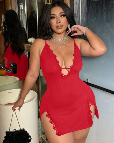 Plus Size Women’s Deep V-Neck Lace Slip Dress