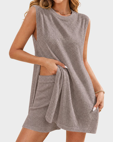 Casual Ribbed Knit Sleeveless Two-Piece Outfit