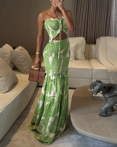 Women’s Tropical Floral Maxi Dress – Bandeau Cutout, Ruffle Hem