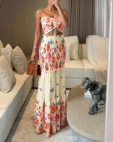 Women’s Tropical Floral Maxi Dress – Bandeau Cutout, Ruffle Hem