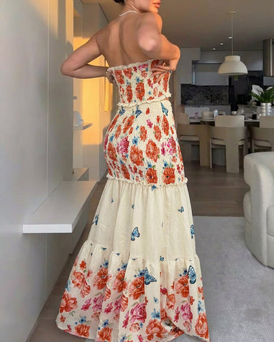Women’s Tropical Floral Maxi Dress – Bandeau Cutout, Ruffle Hem