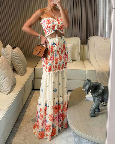 Women’s Tropical Floral Maxi Dress – Bandeau Cutout, Ruffle Hem