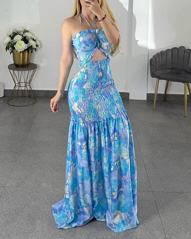 Women’s Tropical Floral Maxi Dress – Bandeau Cutout, Ruffle Hem