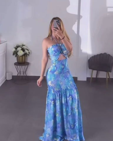 Women’s Tropical Floral Maxi Dress – Bandeau Cutout, Ruffle Hem
