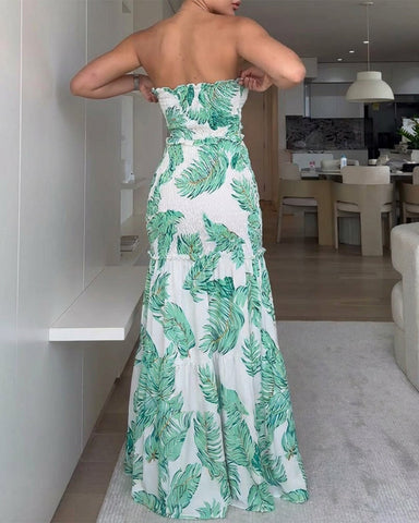 Women’s Tropical Floral Maxi Dress – Bandeau Cutout, Ruffle Hem