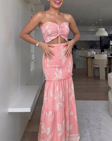Women’s Tropical Floral Maxi Dress – Bandeau Cutout, Ruffle Hem