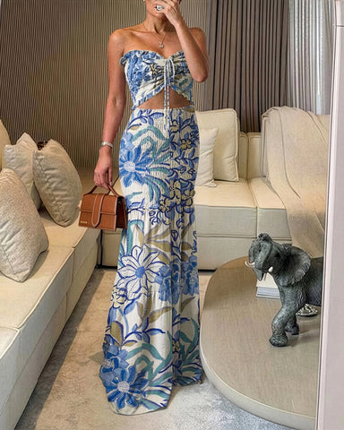 Women’s Tropical Floral Maxi Dress – Bandeau Cutout, Ruffle Hem