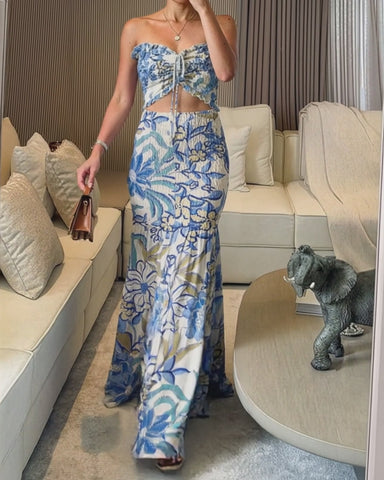 Women’s Tropical Floral Maxi Dress – Bandeau Cutout, Ruffle Hem